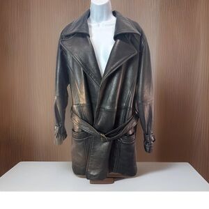 NY Line Women’s Vintage Leather Jacket Black Size Med Leather Belt Pockets Lined